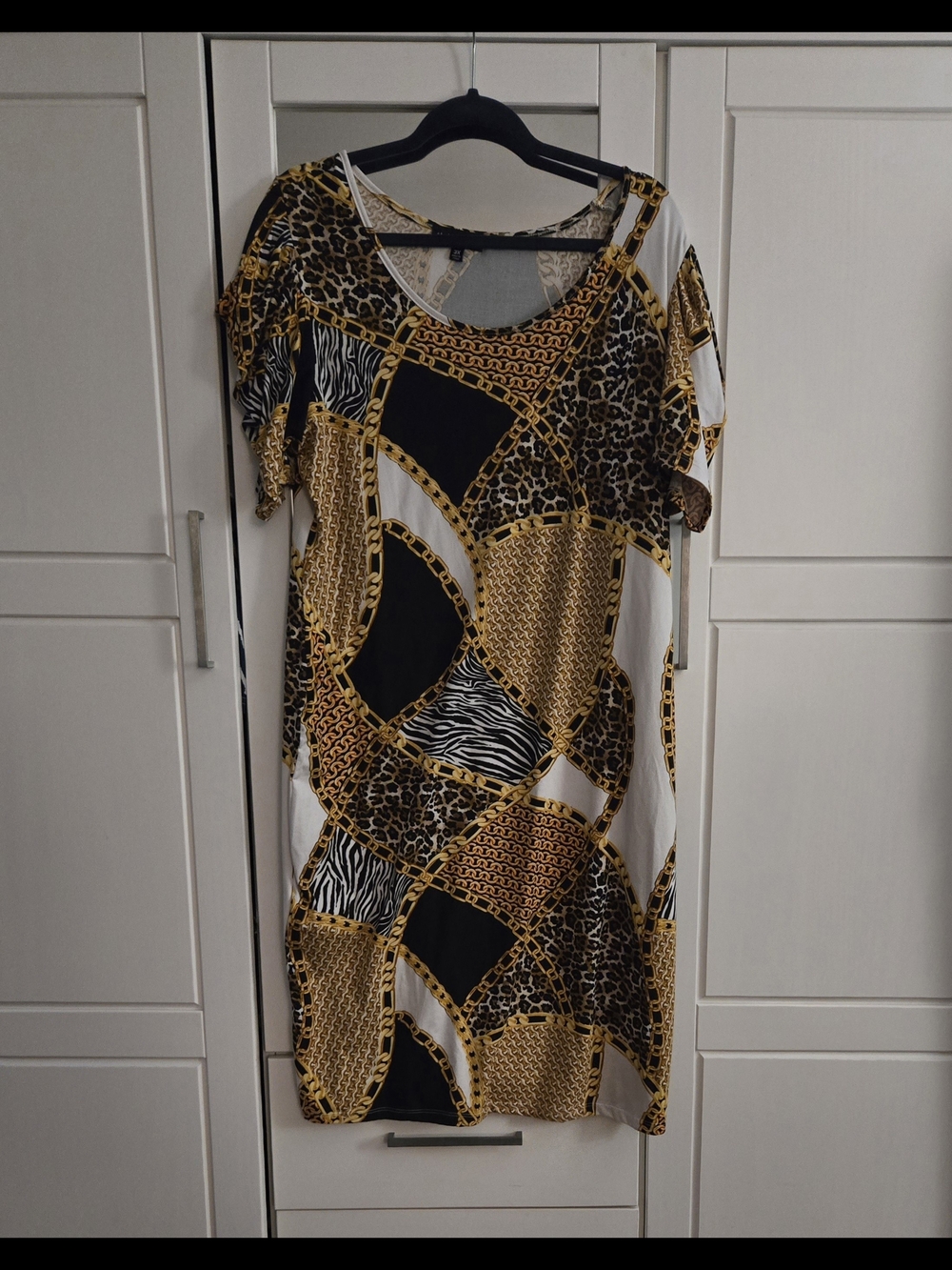 Absolutely Patchwork Animal Print Short Sleeve Dress in Black, White & Gold